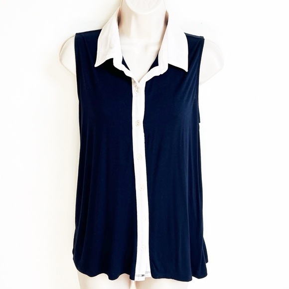 Pinque High Low Women’s Button Down Collared Tank Top Navy Blue Cream White M - Picture 3 of 6